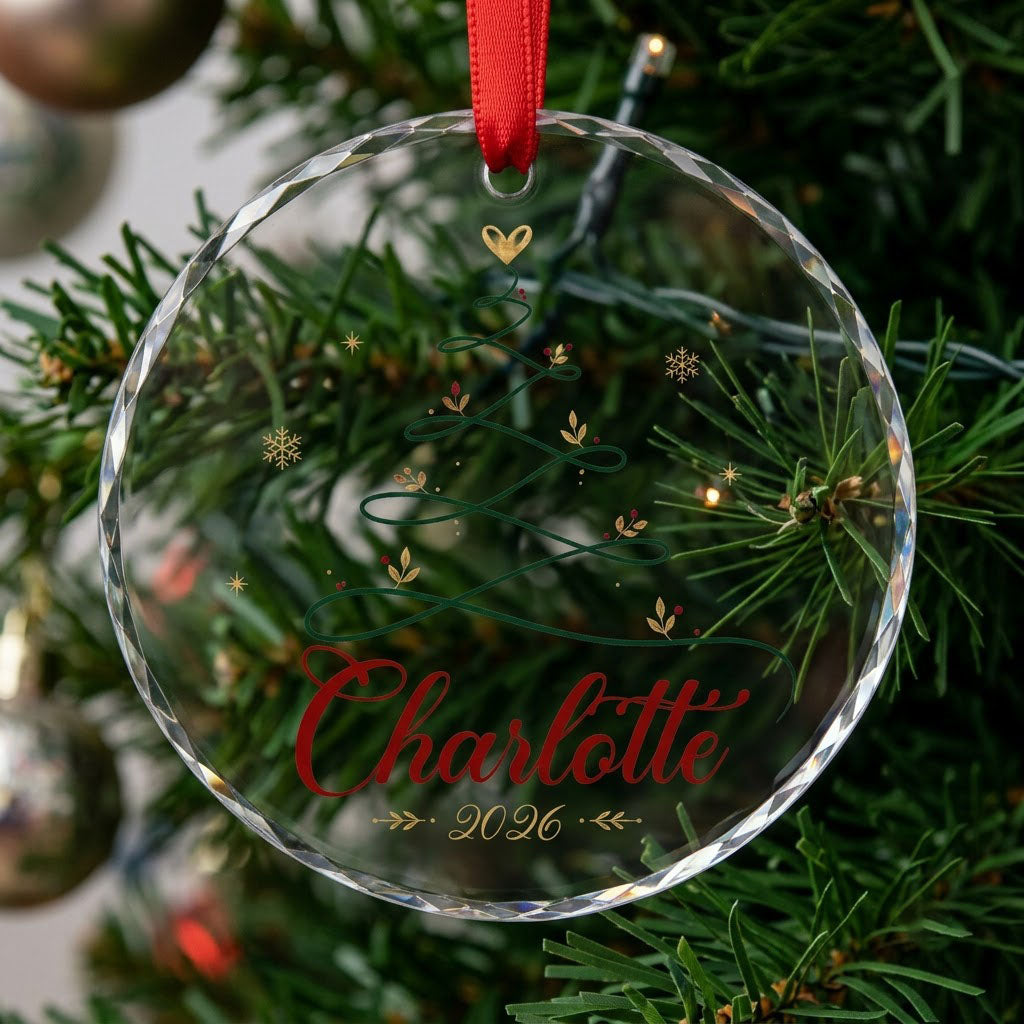 Clear round glass ornament with a looping green line Christmas tree topped by a small gold heart, name and year.