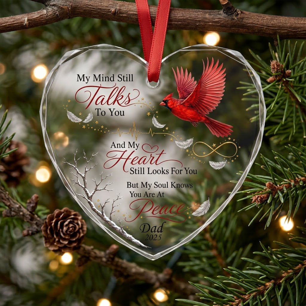 Personalized Flying Cardinal Memorial My Mind Still Talks To You Heart Glass Ornament