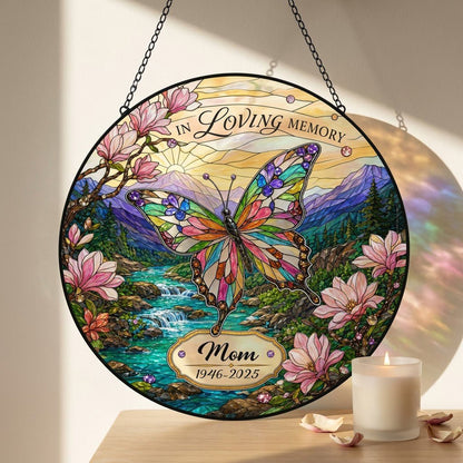 Personalized Butterfly Magnolia Mountain Landscape In Loving Memory Stained Glass Round Suncatcher