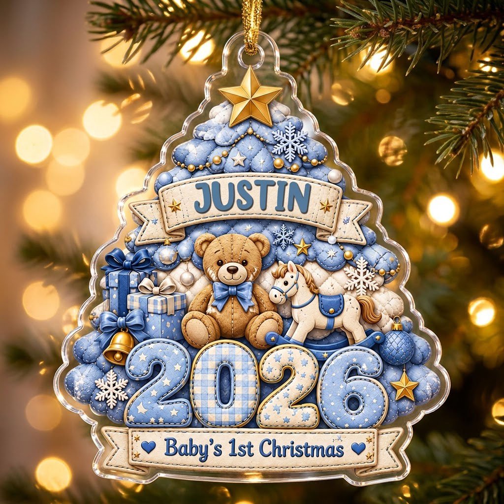 Acrylic tree ornament with teddy bear, rocking horse, Baby's 1st Christmas and quilted year in blue and gold.