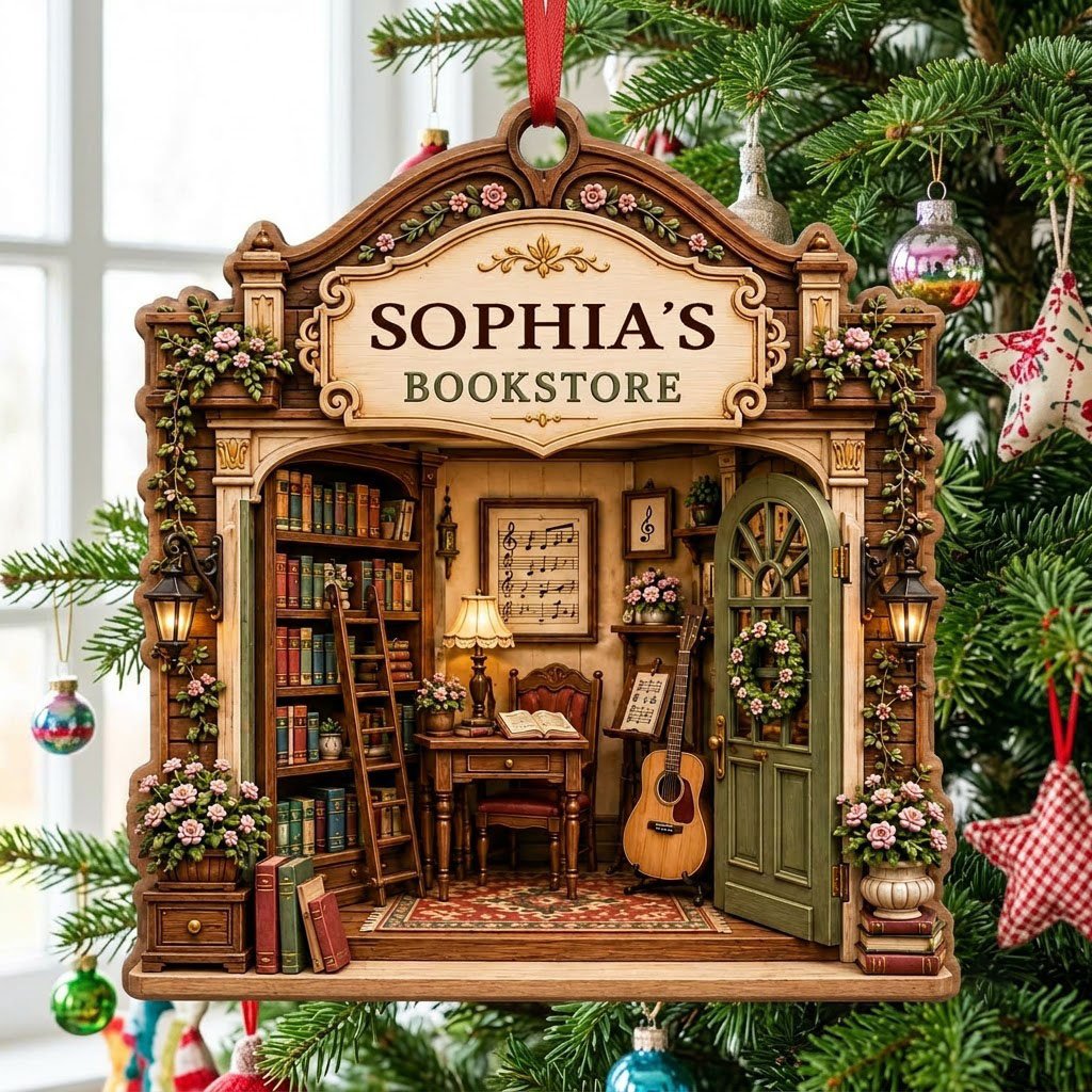 Arched storefront wood ornament with a cozy bookstore diorama and "BOOKSTORE" text, personalized with a name.