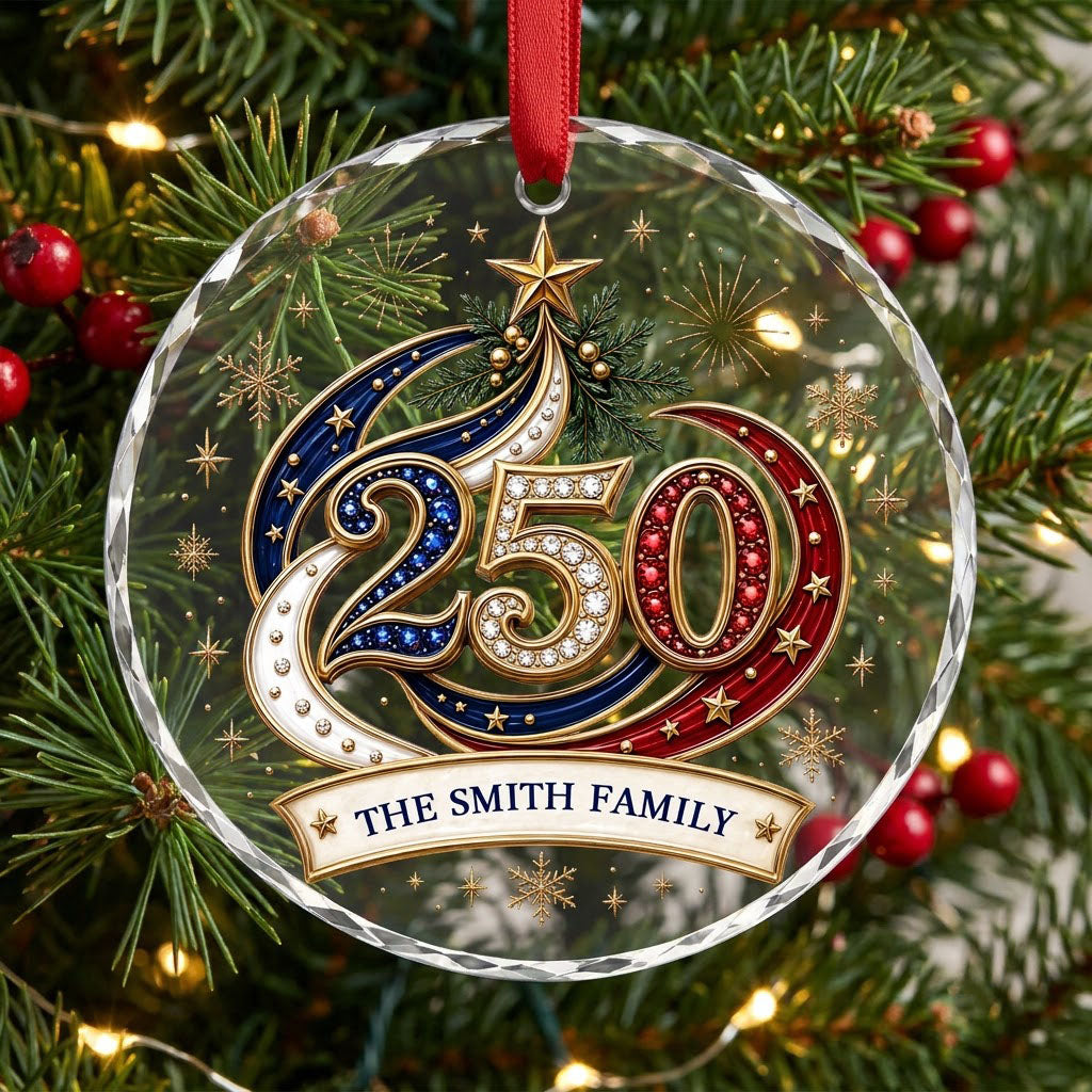 Personalized 250th Anniversary Patriotic Bauble Round Glass Ornament