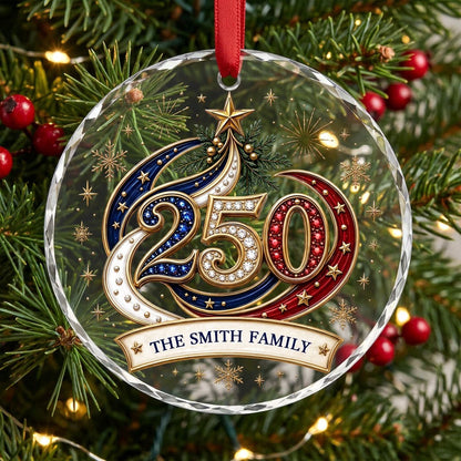 Personalized 250th Anniversary Patriotic Bauble Round Glass Ornament
