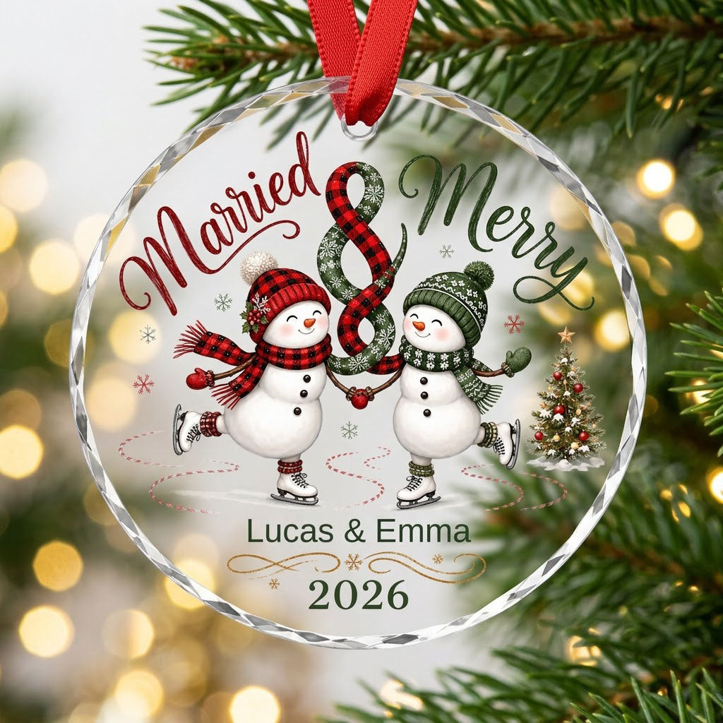 Round glass ornament with two ice-skating snowmen, a scarf ampersand above, and a small Christmas tree with star.