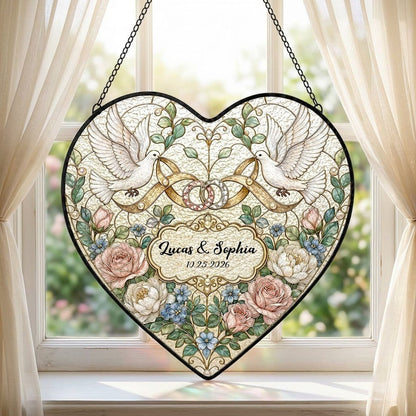 Personalized Wedding Doves & Intertwined Rings Floral Heart Stained Glass Suncatcher