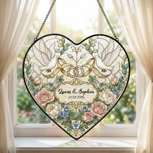 Personalized Wedding Doves & Intertwined Rings Floral Heart Stained Glass Suncatcher