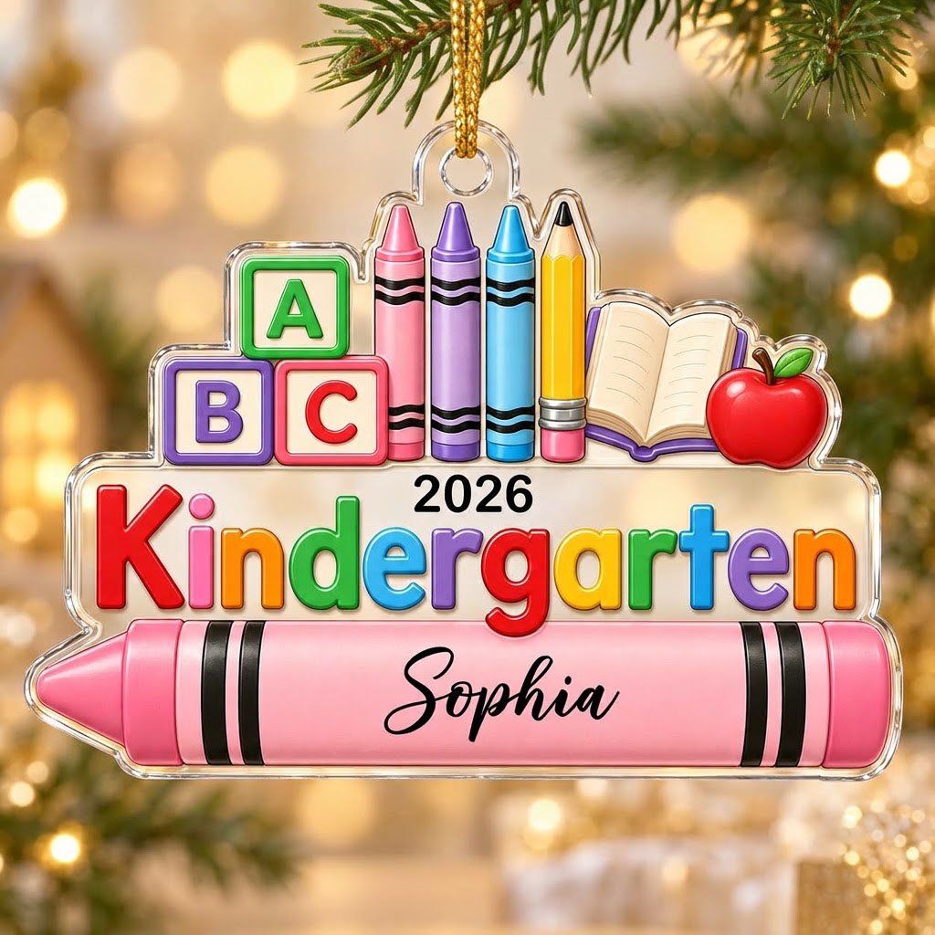 Clear acrylic ornament with ABC blocks, crayons, apple, open book and 'Kindergarten 2026' with a pink name banner