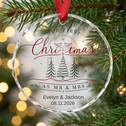 Personalized Our First Christmas as Mr & Mrs Doves and Trees Round Glass Ornament