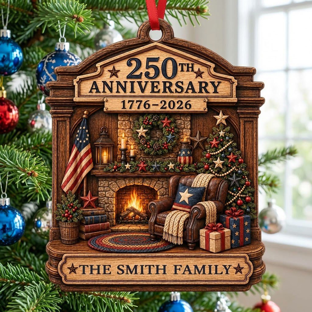 Arch wood ornament with a cozy fireplace, Christmas tree, and American flag, personalized with the family name.