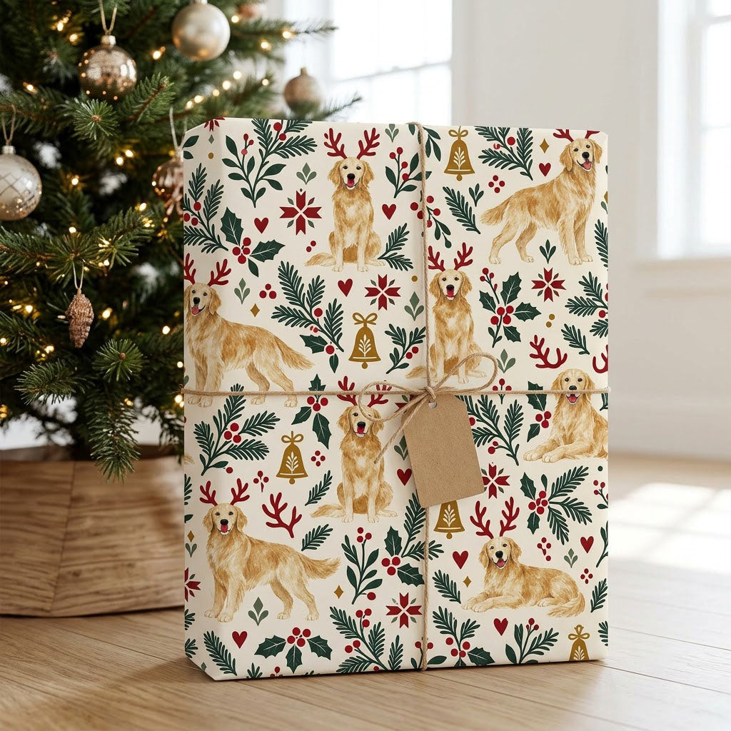 Cream wrapping paper with golden retrievers in red antler headbands, pine sprigs, red berries and gold bells.