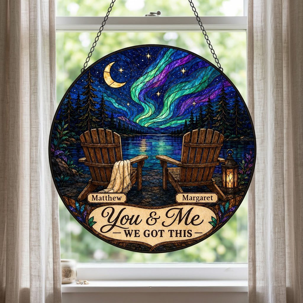 Round stained-glass style suncatcher with aurora, crescent moon, pine trees, lake, two chairs and a lantern.