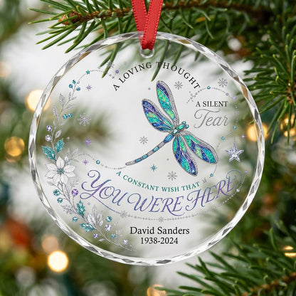 Personalized Dragonfly Memorial You Were Here Round Glass Ornament