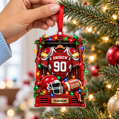 Red football locker ornament with jersey, helmet, football, holiday lights, holly, and custom name, number, team and yea