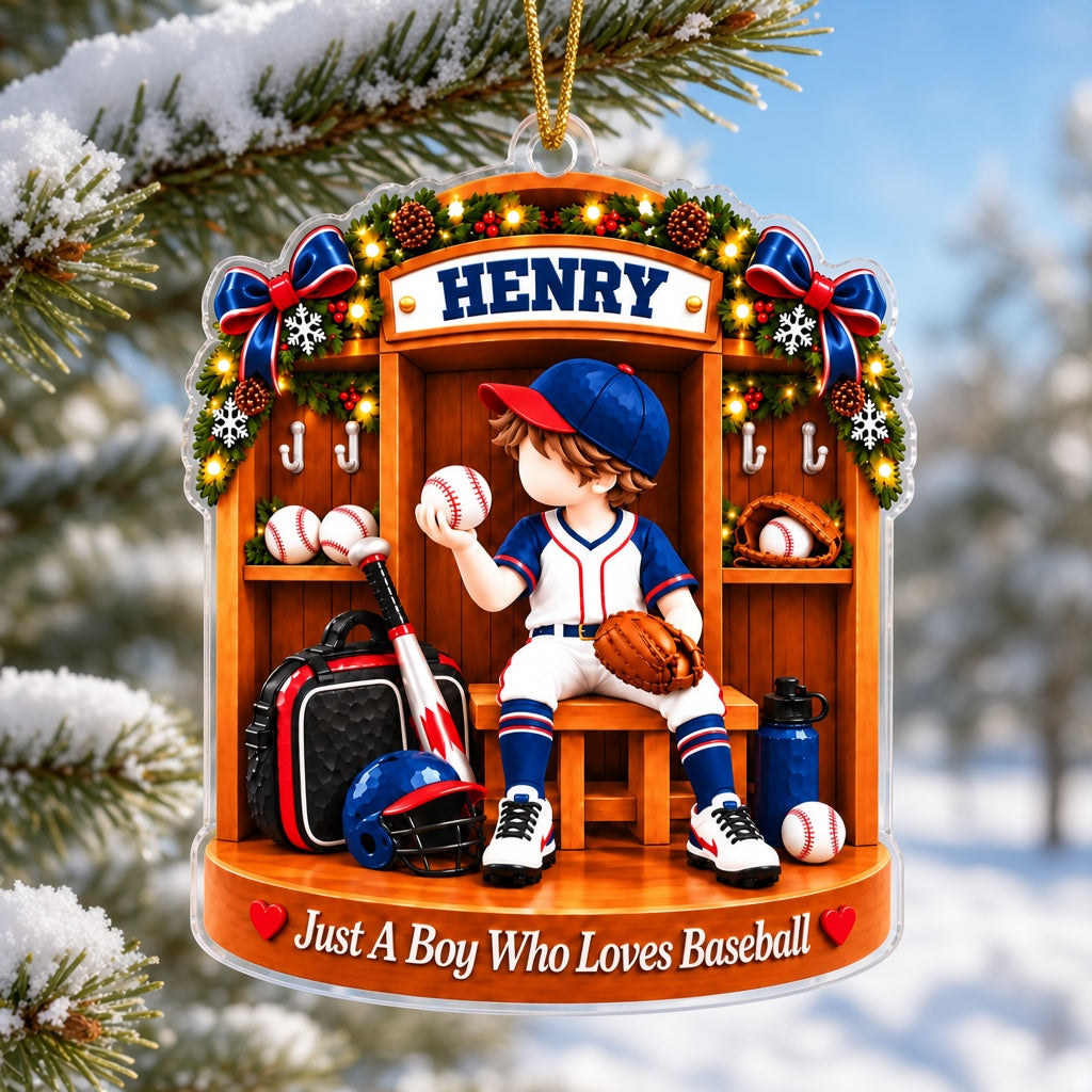 Acrylic ornament of a Christmas baseball locker room with a boy in uniform and the text Just A Boy Who Loves Baseball.