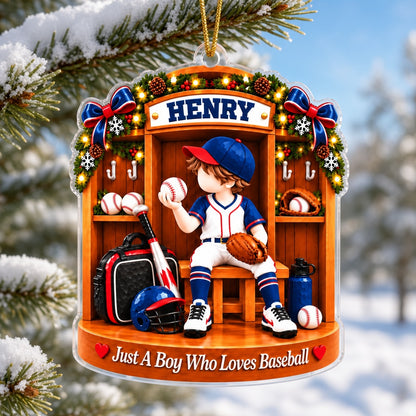 Acrylic ornament of a Christmas baseball locker room with a boy in uniform and the text Just A Boy Who Loves Baseball.