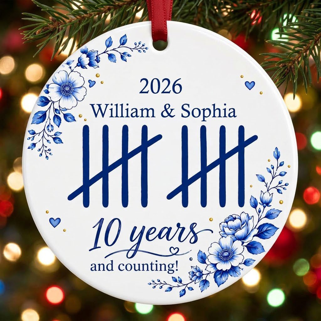 White round ceramic ornament with blue florals, tally marks, and 'years and counting!' plus names and year