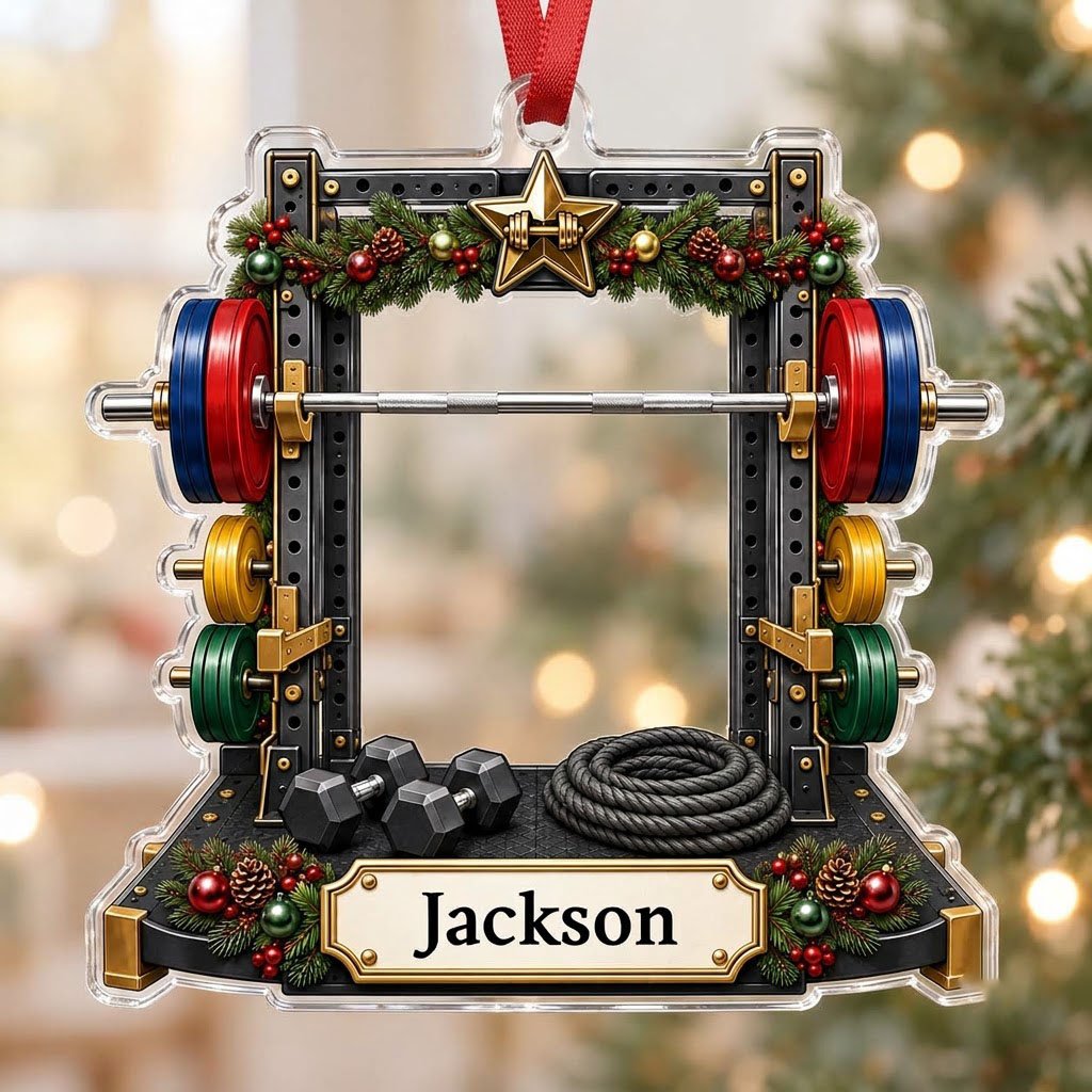 A squat rack-shaped acrylic ornament with garland, barbell, dumbbells, and a photo cutout above a name plaque.