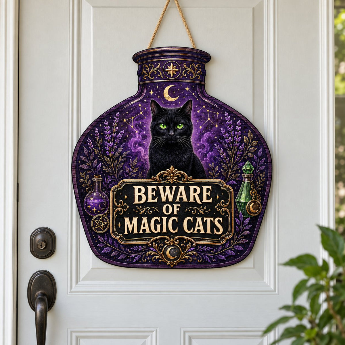Potion bottle-shaped wooden sign with a black cat, moon, stars, lavender, and the text 'BEWARE OF MAGIC CATS'
