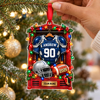 Red locker acrylic ornament with blue-and-white football jersey, silver helmet, football, lights and holly.