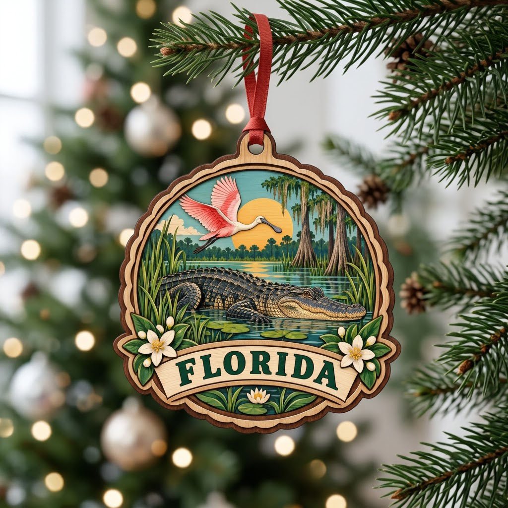 Scalloped wood ornament with alligator, pink spoonbill, sun, cypress trees, and 'FLORIDA' on a bottom banner.