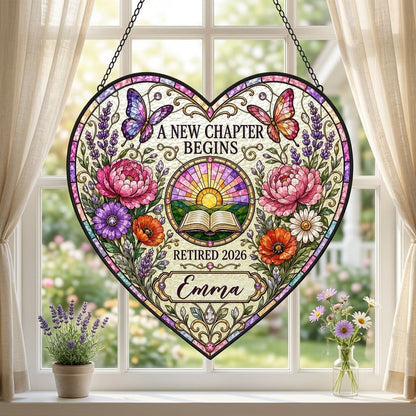 Personalized Retirement Open Book & Sunrise A New Chapter Begins Heart Stained Glass Suncatcher