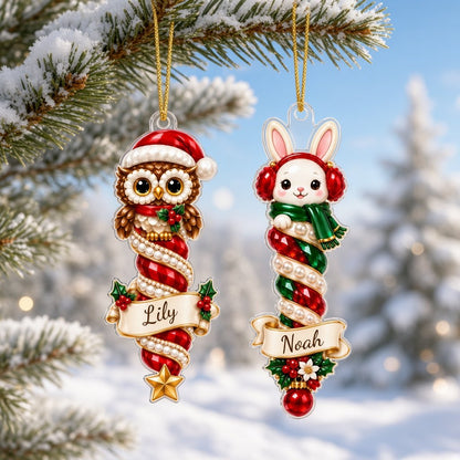 Acrylic ornament with cat, dog, owl, bunny or fox atop spiral columns and a cream-gold scroll banner for a name.
