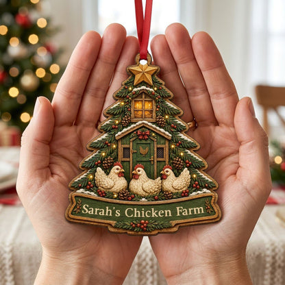 Personalized Christmas Tree Chicken Coop Wood Ornament, Custom Farmhouse Keepsake