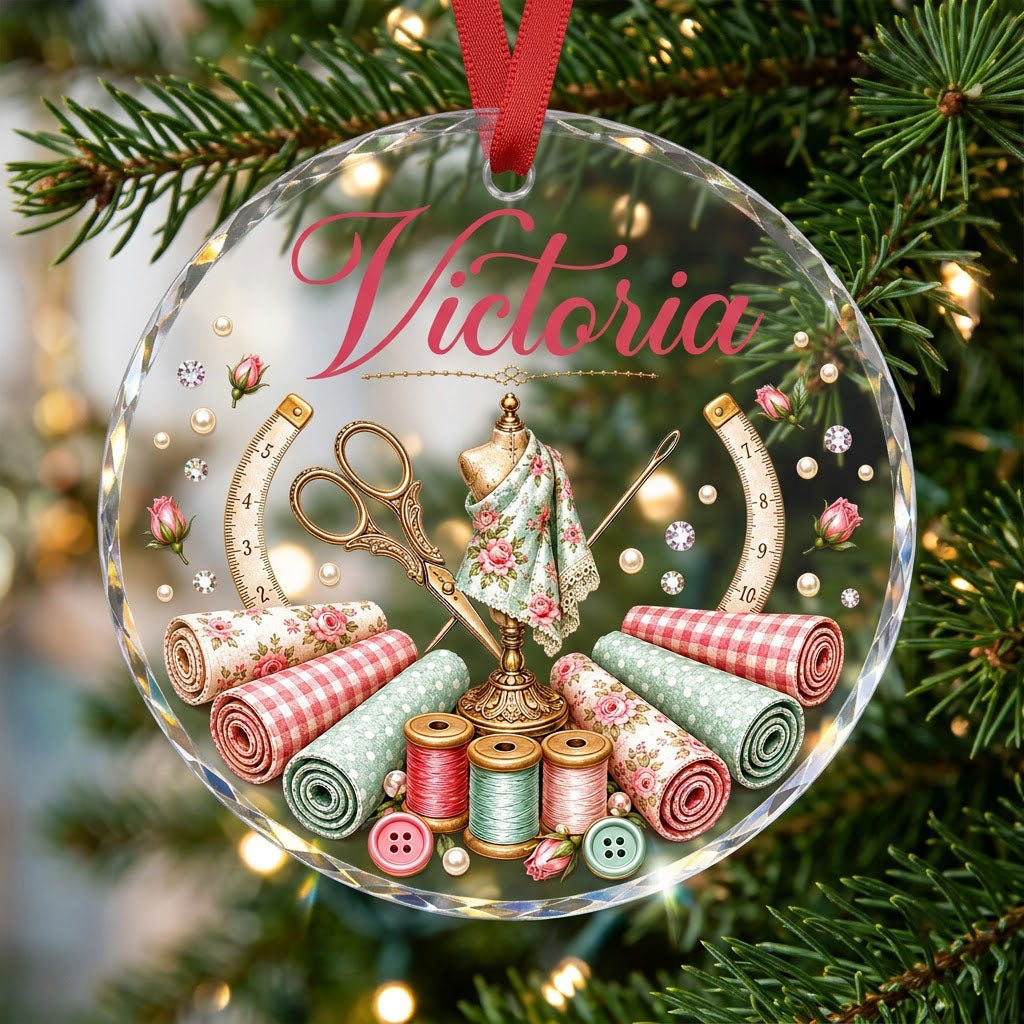 Round faceted glass ornament with a vintage dress form, sewing notions, and personalized name Victoria in pink and gold 