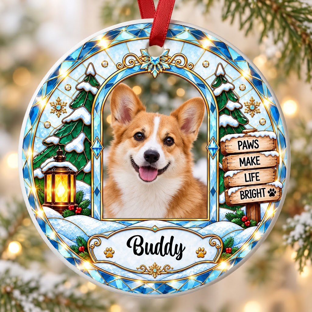 Round ceramic ornament with blue and gold stained-glass border, dog photo center, snow tree, gold lantern, holly, signpo