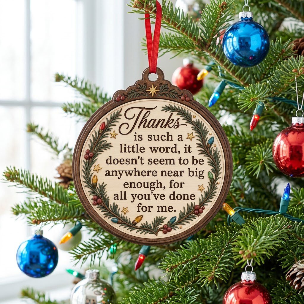 Wood ornament with arched top, pine branches, colorful lights, red berries, gold stars, and a heartfelt thank-you quote.
