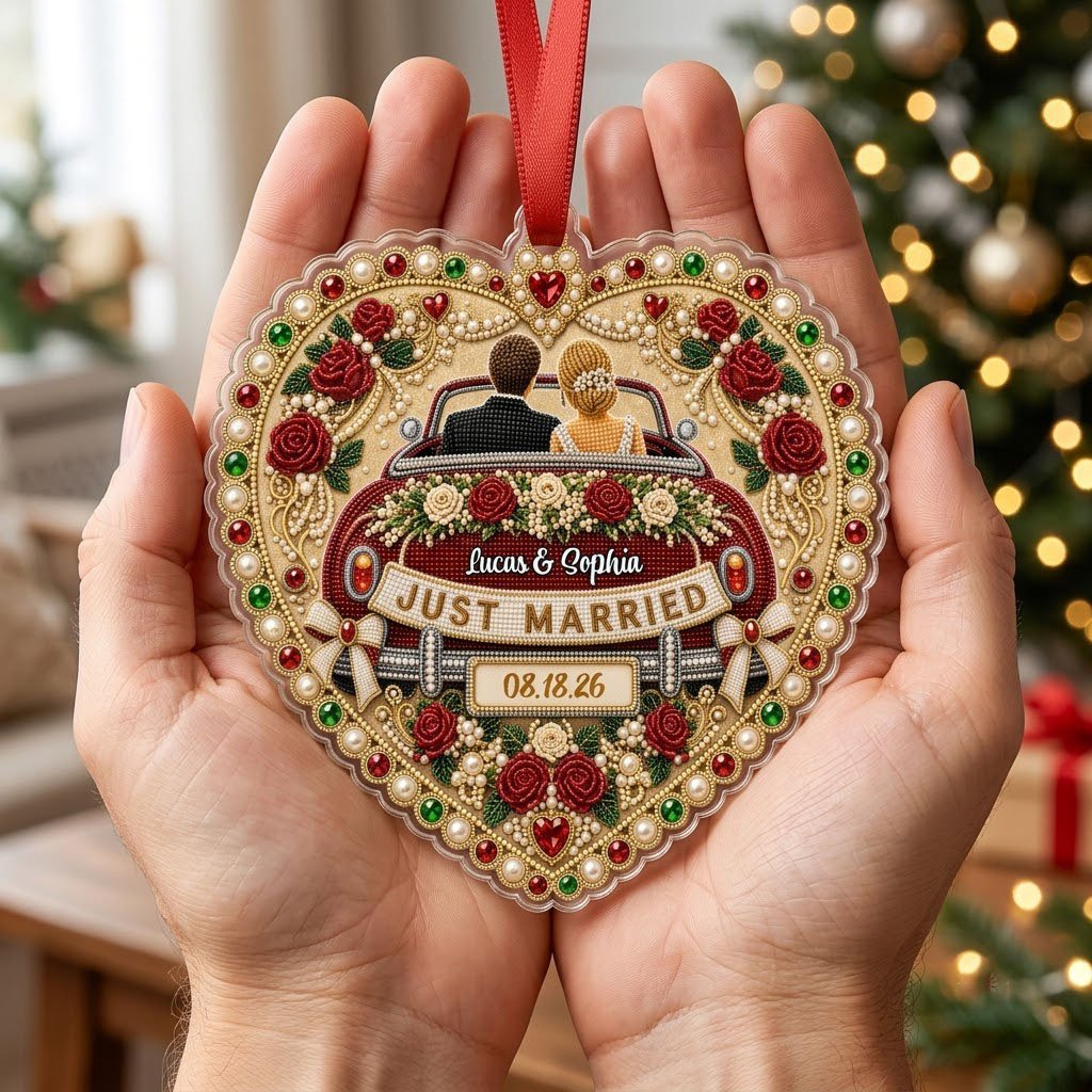 Personalized Just Married Vintage Car Heart Acrylic Ornament