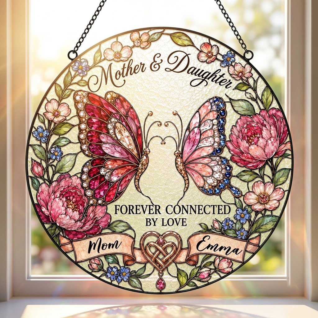 Round stained-glass style suncatcher with two butterflies, pink peonies and a ribbon banner for Mother & Daughter.