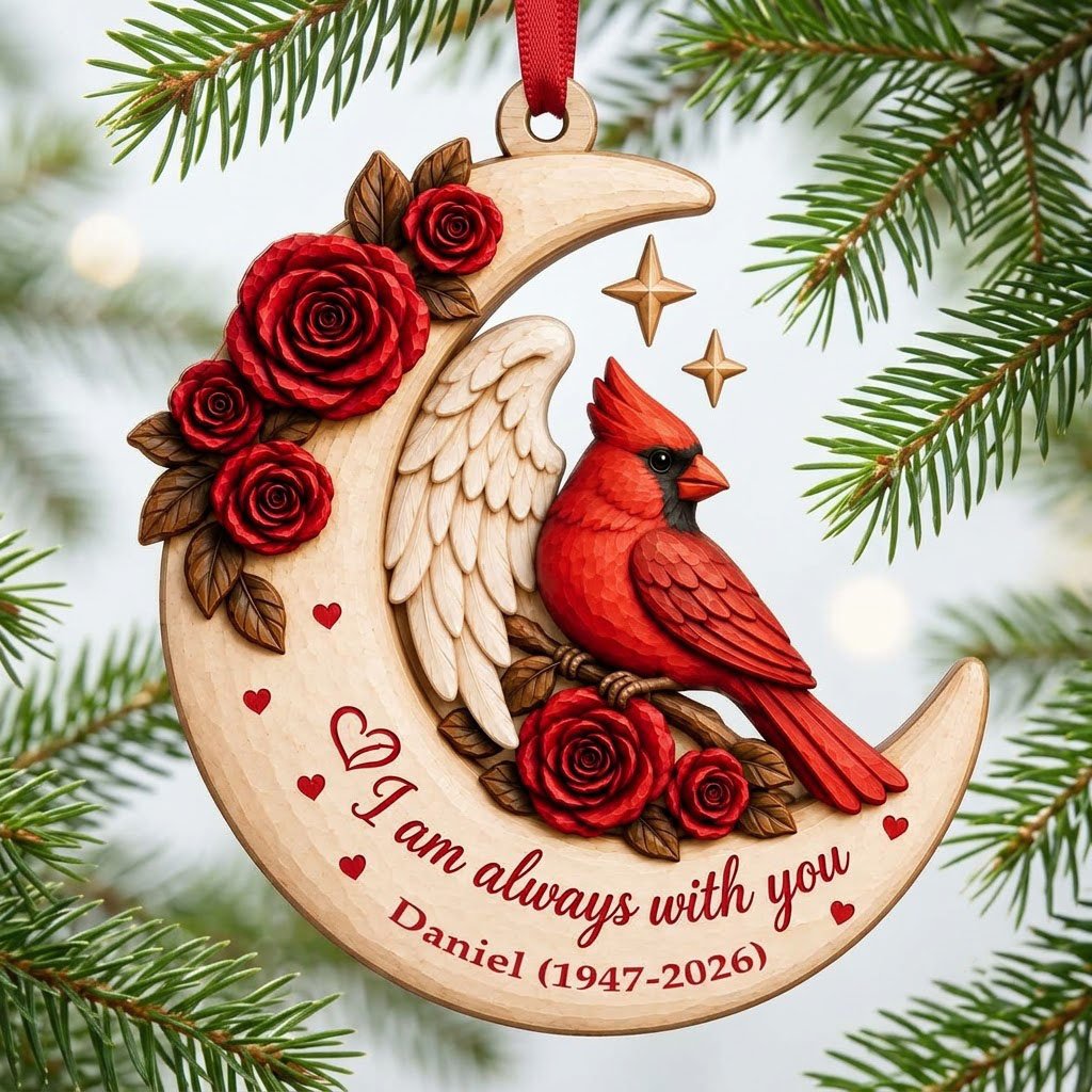 Crescent moon wood ornament with red cardinal, angel wing, red roses, stars, hearts, and custom name and years.
