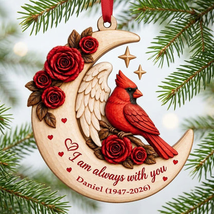 Crescent moon wood ornament with red cardinal, angel wing, red roses, stars, hearts, and custom name and years.