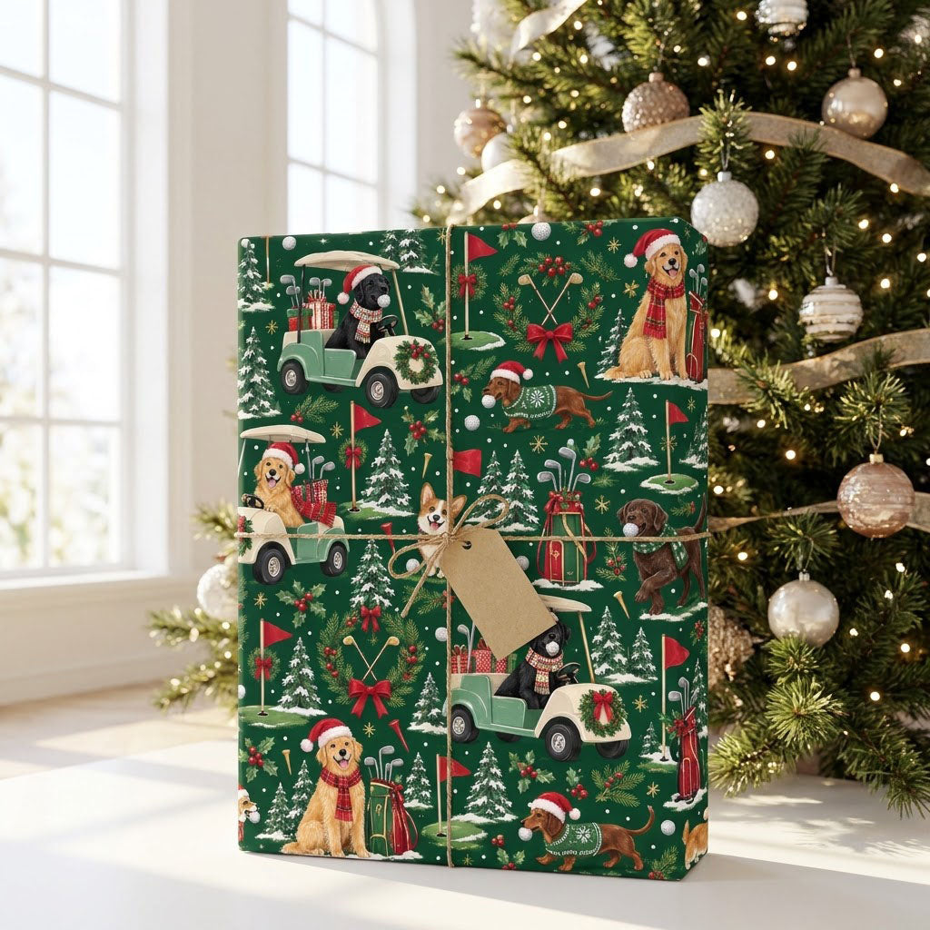 Dark green wrapping paper with dogs in Santa hats, golf carts with wreaths, flags, clubs, snowy trees and golf balls.