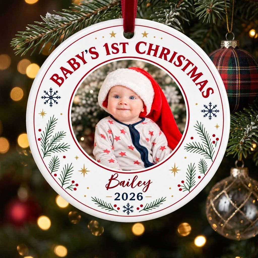 Round ceramic ornament with 'BABY'S 1ST CHRISTMAS', pine sprigs, snowflakes, gold stars, red rings, and a photo frame