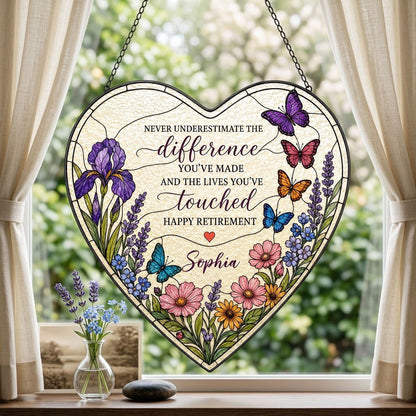 Personalized Retirement Purple Iris Wildflower Never Underestimate The Difference Happy Retirement Heart Stained Glass Suncatcher