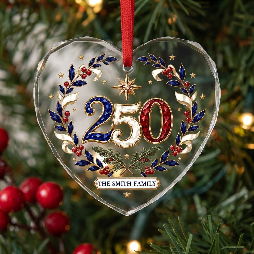 Personalized 250th Anniversary Patriotic Wreath Heart Glass Ornament
