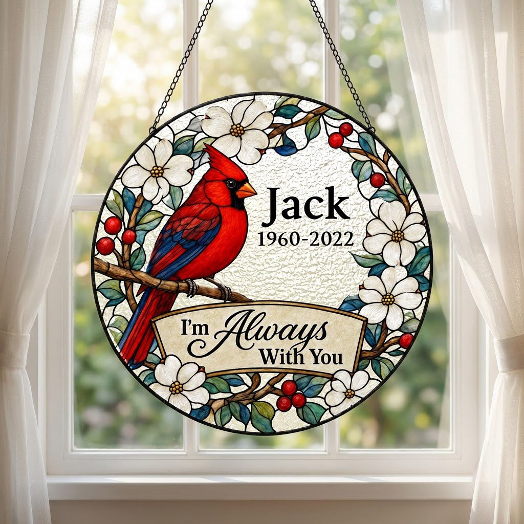 Round stained glass–style suncatcher with a red cardinal on a branch, white flowers, red berries, and a scroll banner.
