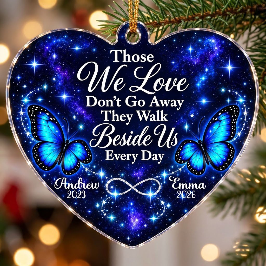 Heart acrylic ornament with blue butterflies, starry galaxy background, and the memorial quote with name and year.