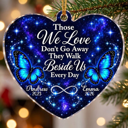 Heart acrylic ornament with blue butterflies, starry galaxy background, and the memorial quote with name and year.