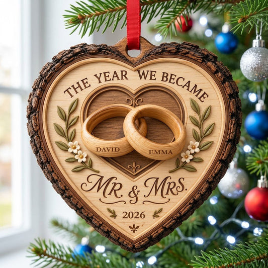 Heart-shaped wood ornament with bark edge, wedding rings, leafy vines, and 'THE YEAR WE BECAME MR. & MRS.' text.