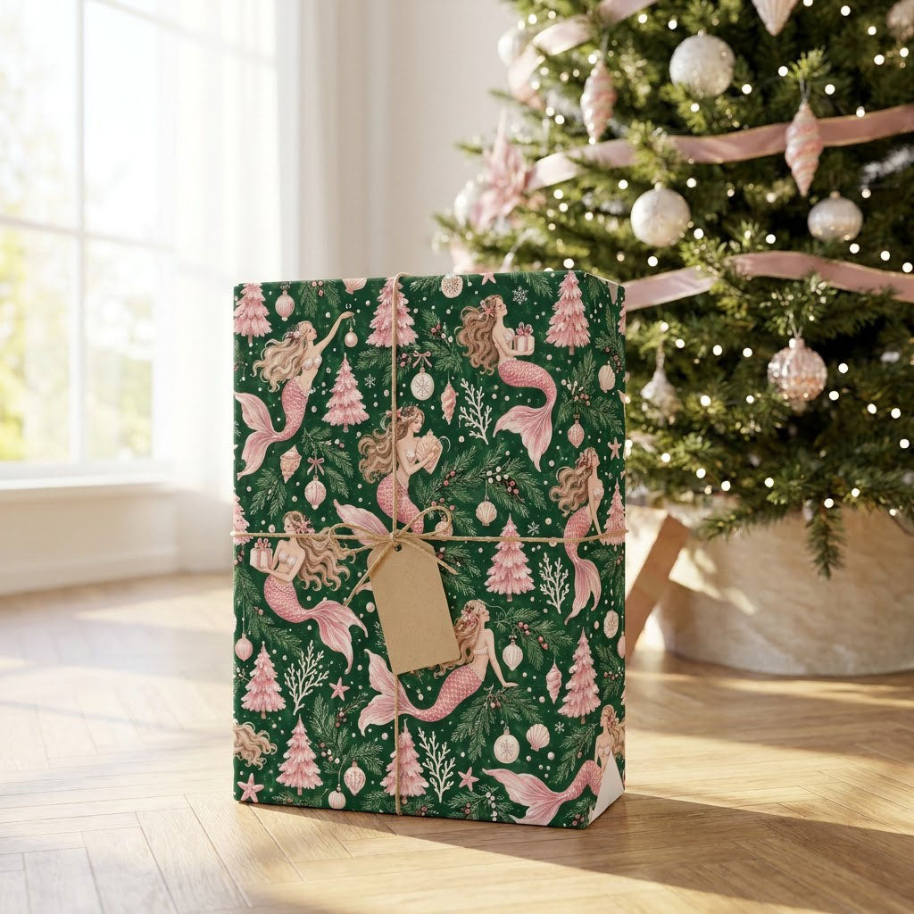 Dark green wrapping paper with pink-tailed mermaids, pink Christmas trees, starfish and snowflakes in a seamless pattern