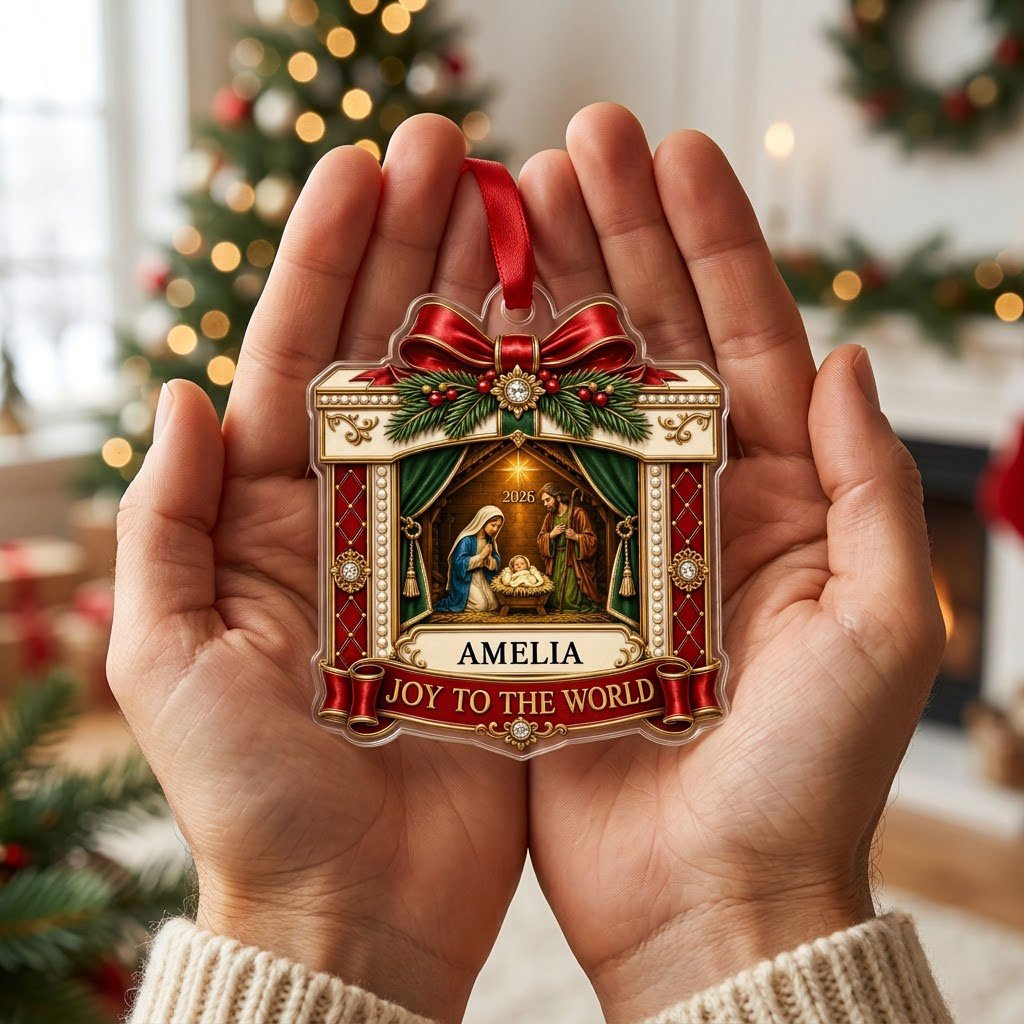 Personalized Nativity Scene Gift Box Acrylic Ornament, Custom Christian Holy Family Christmas Keepsake