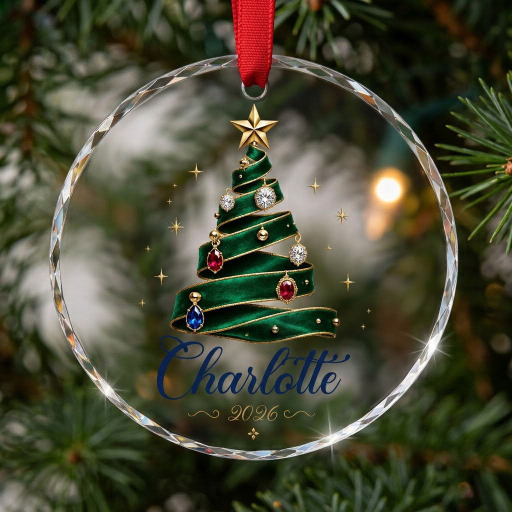 Round glass ornament with emerald ribbon tree, gold star and gem ornaments, personalized with name and year.