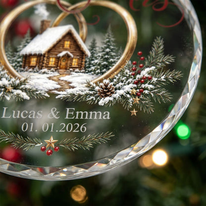 Personalized Our First Christmas as Mr & Mrs Winter Cabin Round Glass Ornament