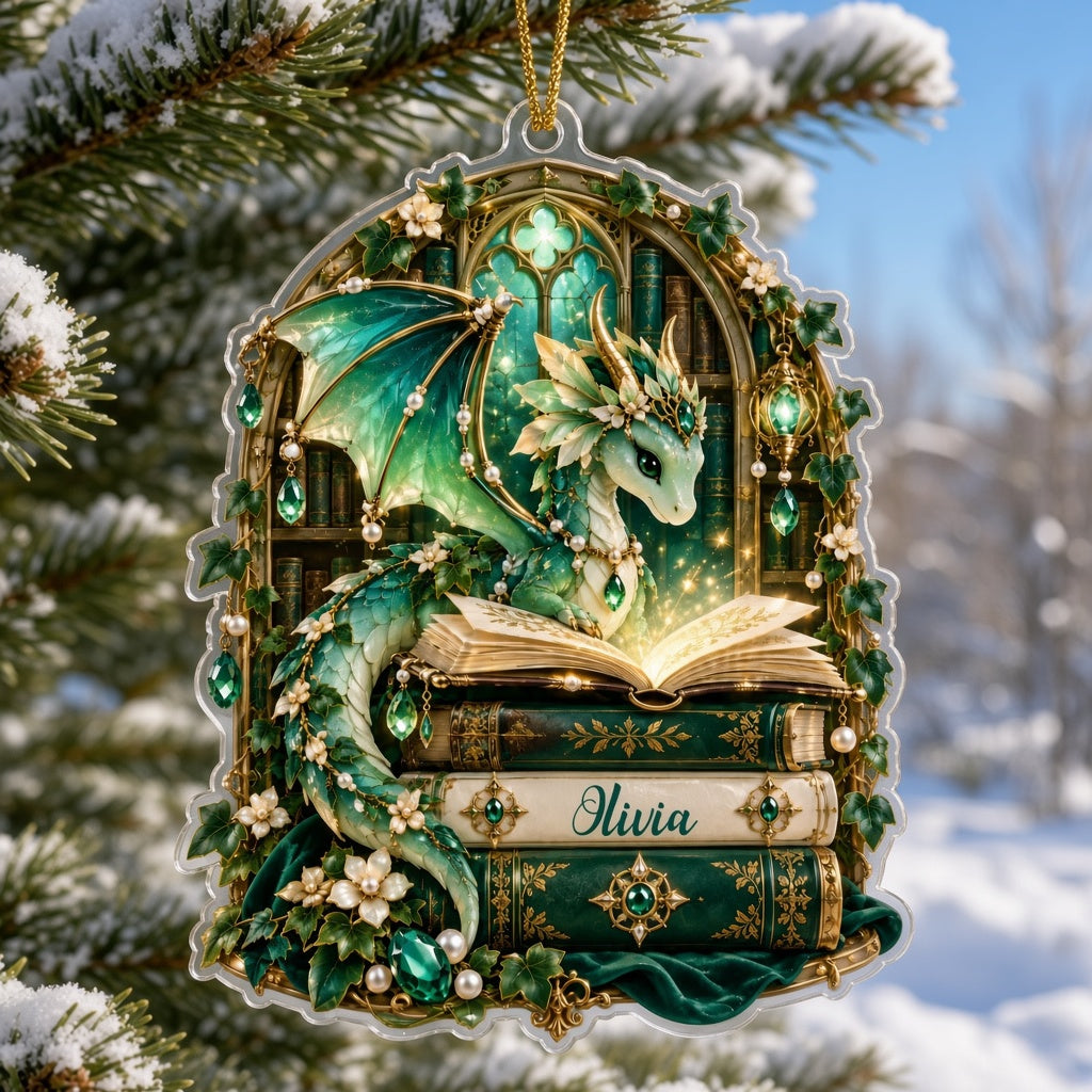 Emerald green dragon with gold-accented wings on vintage books, name Olivia, stained-glass arch acrylic ornament.