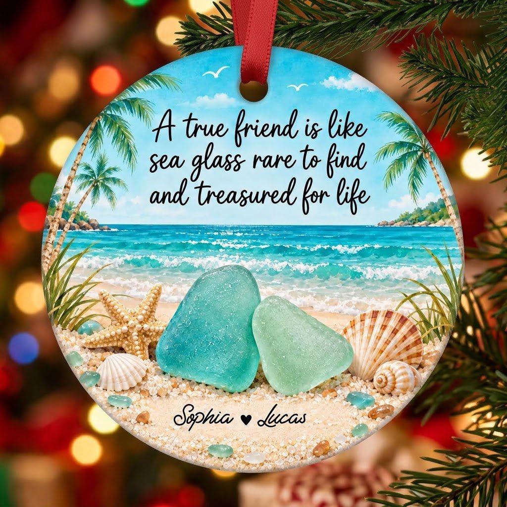 Round ceramic ornament with beach scene, palm trees, sea glass, shells, and a friendship quote with two names.