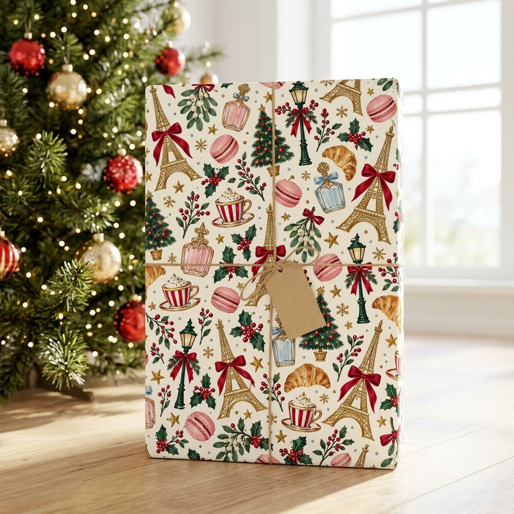 Cream paper with gold Eiffel Towers, Christmas trees, street lamps, macarons, croissants, holly and stars pattern.
