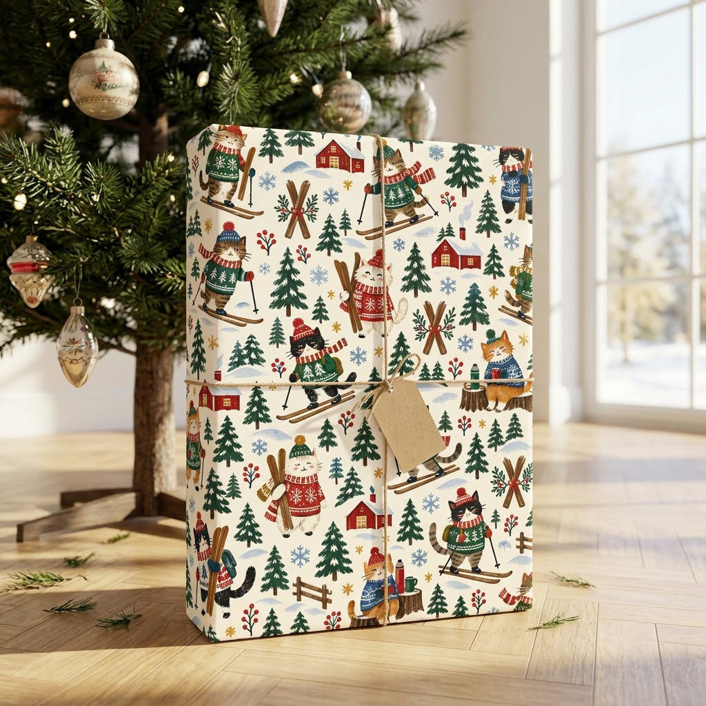 Wrapping paper featuring cartoon cats in winter gear skiing with pine trees, cabins, crossed skis and snowflakes.
